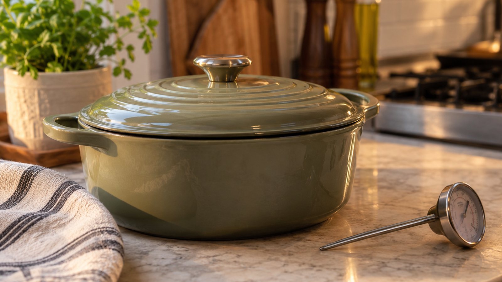 A covered dish and a thermometer on a counter (illustrative)