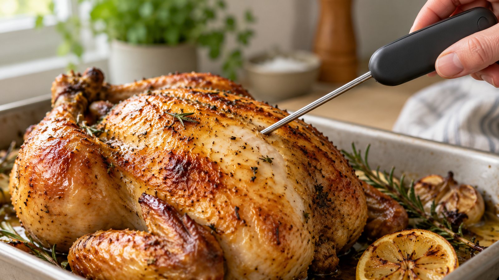 A thermometer probe in a roast chicken (illustrative)