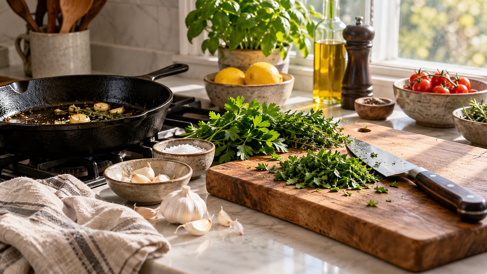 A home kitchen counter with a skillet, herbs and a knife (illustrative)
